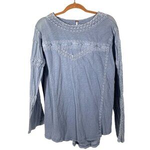 Free People Macrame Peasant Style Long Sleeve Top Slate Blue Size Extra Small